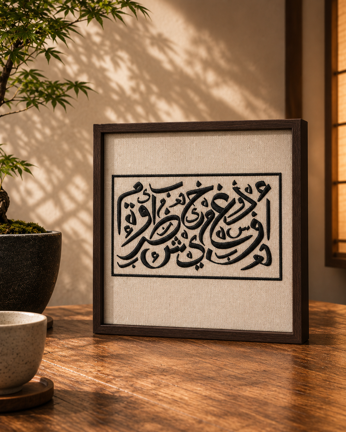 Calligraphie arabe brodée sur lin dans un cadre en noyer