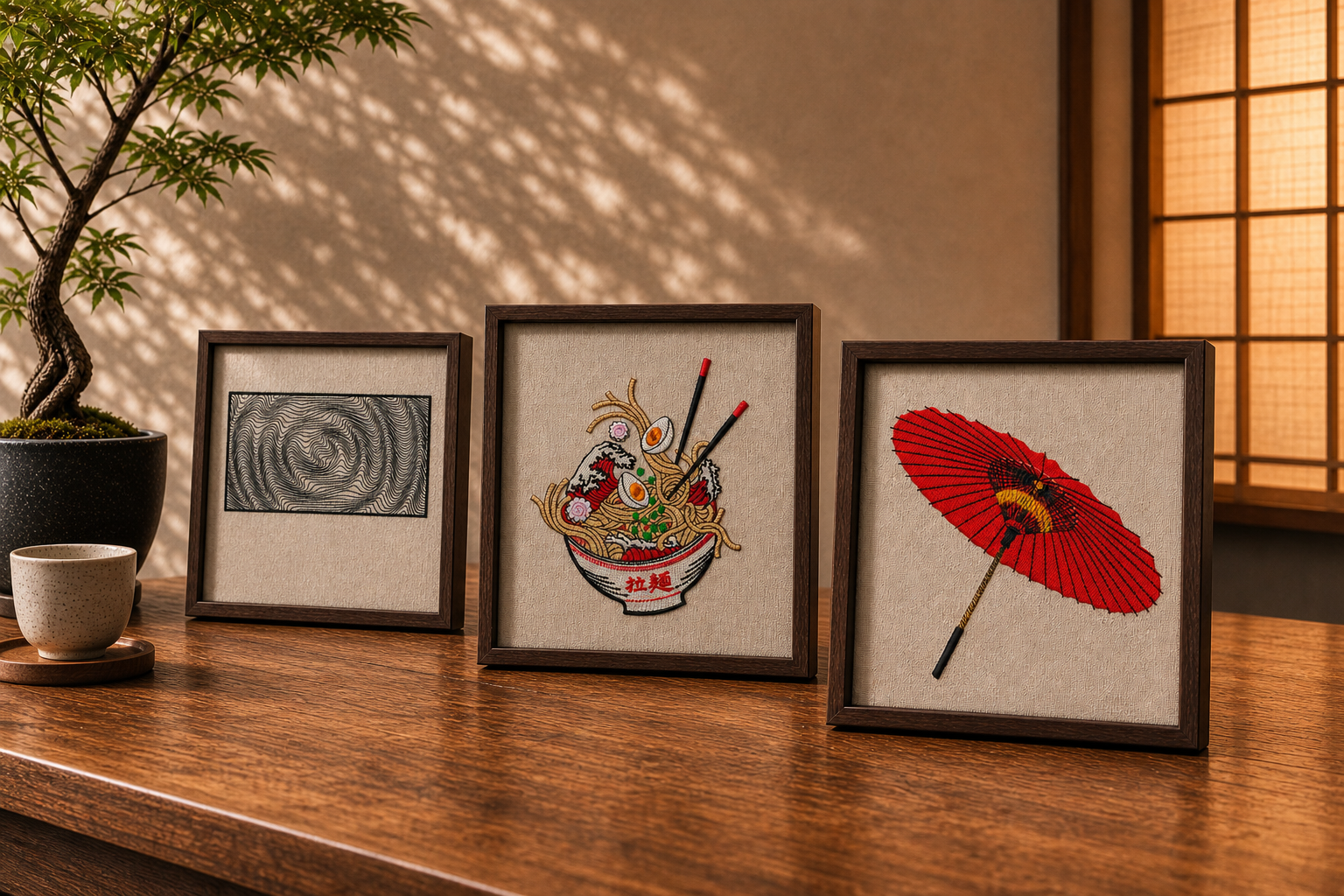 Trois broderies Atelier Nafis encadrées dans une ambiance chaleureuse