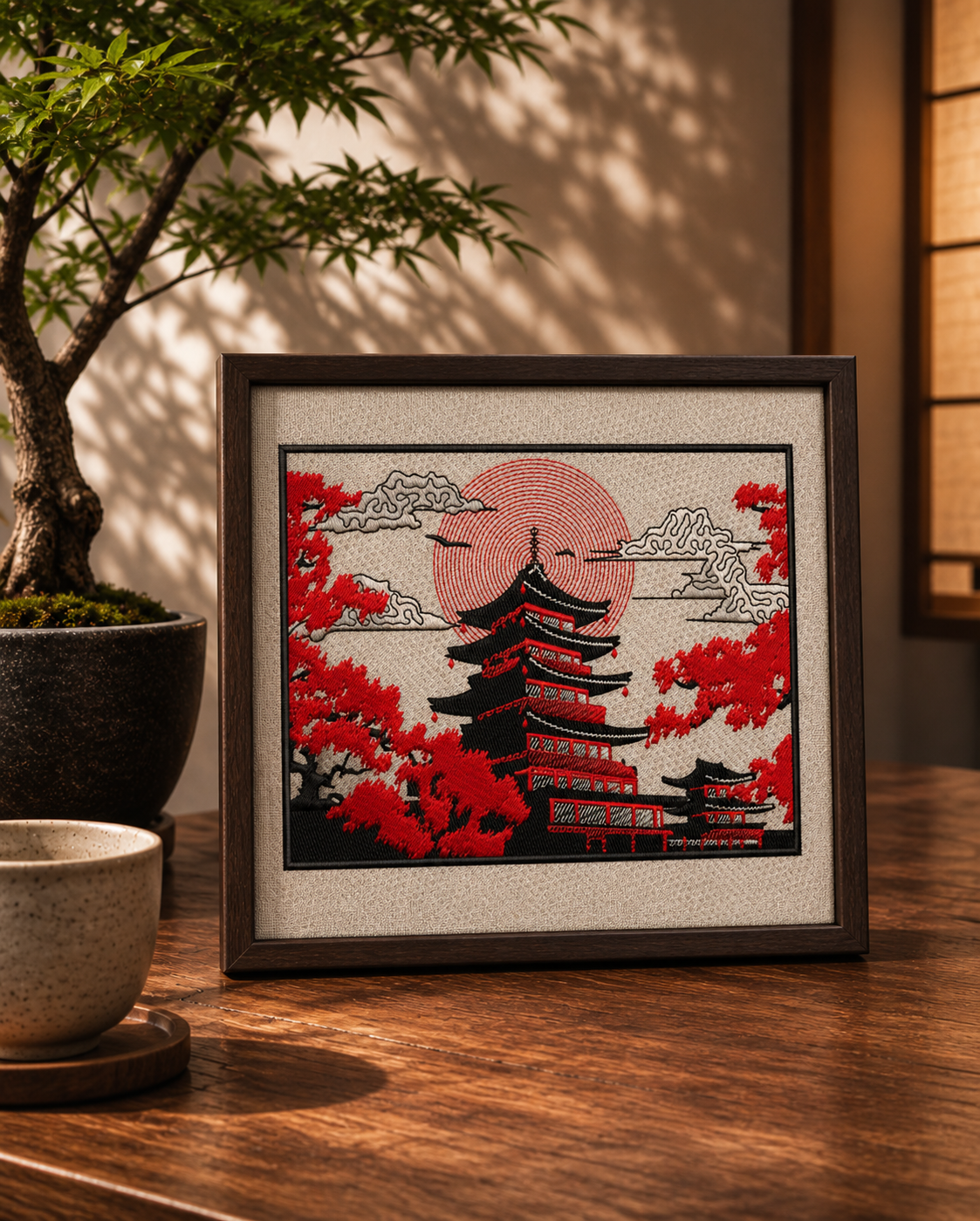 Château japonais brodé en rouge et noir dans un cadre en noyer