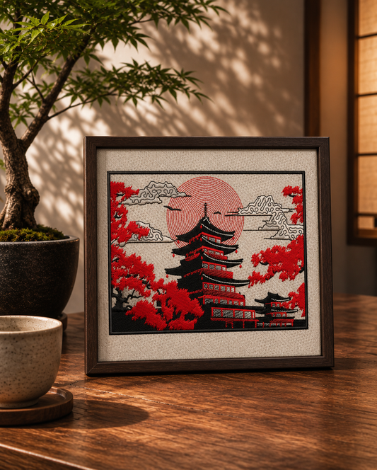 Château japonais brodé en rouge et noir dans un cadre en noyer