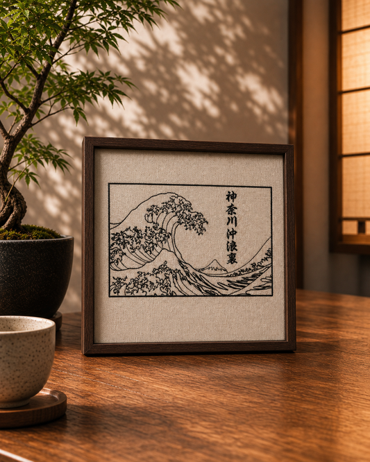 Vague de Kanagawa brodée en noir dans un cadre en noyer