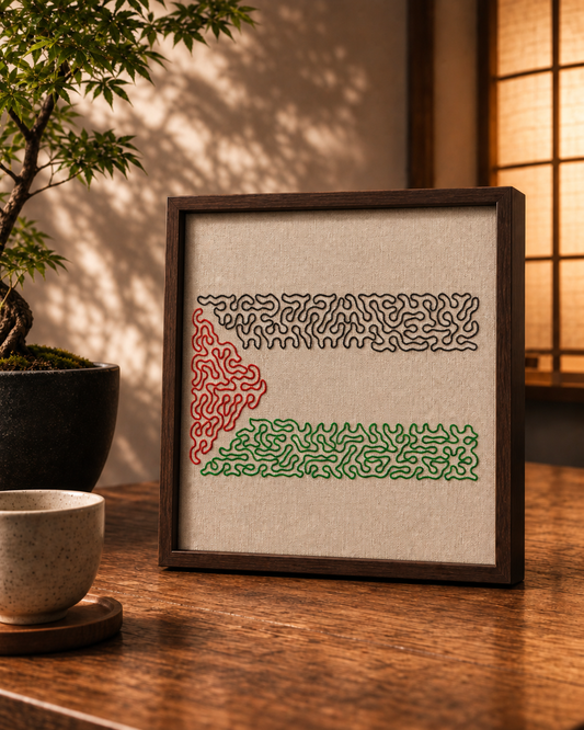 Broderie drapeau palestinien encadrée en noyer