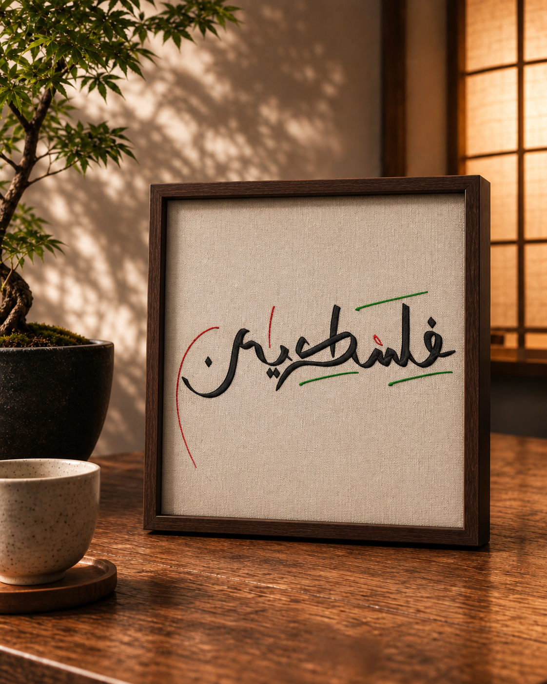 Broderie Palestine palindrome encadrée en noyer