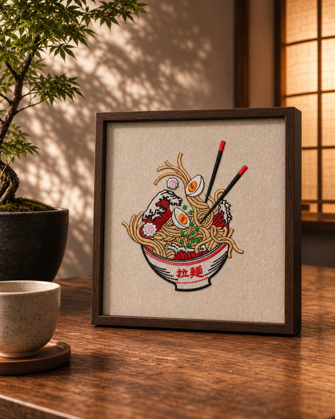 Bol de ramen brodé et encadré en noyer
