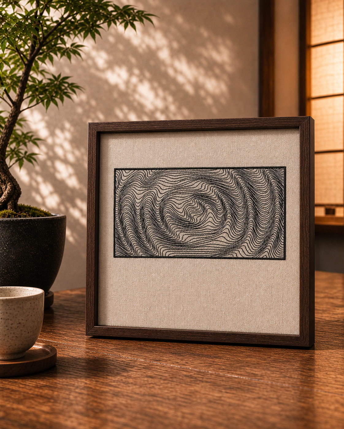 Motif abstrait Wave Drop brodé dans un cadre en noyer