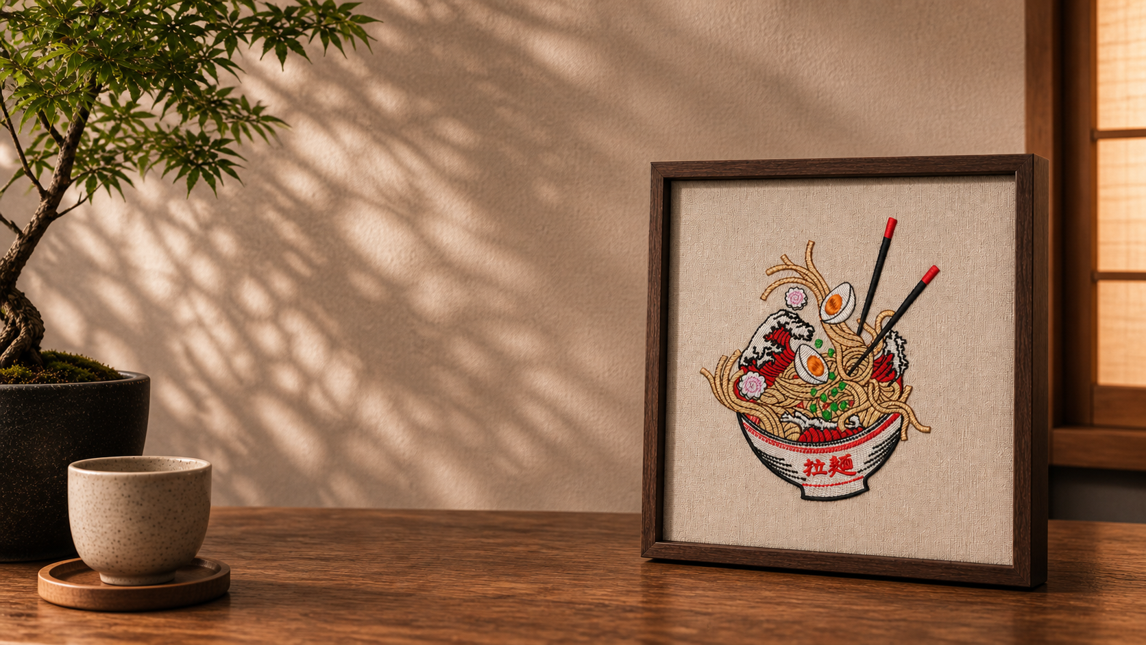 Broderie Ramen encadrée en noyer dans une lumière chaude