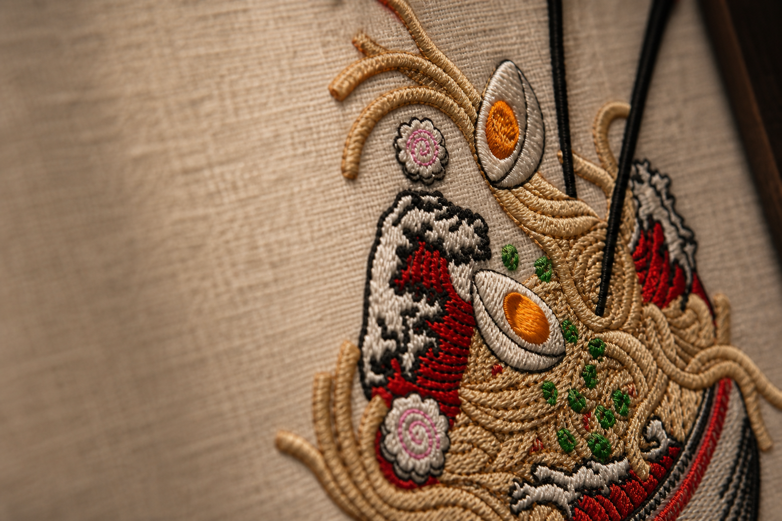 Détail des fils et des points du motif Ramen